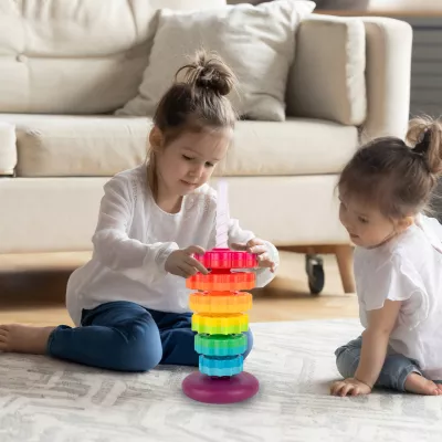 Zakręcona Piramidka Sensoryczna – Tęczowa Wieża 6 Krążków | Układanka Montessori 1+