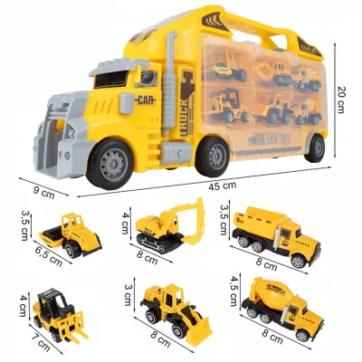 Ciężarówka Walizka z 6 Autkami Budowlanymi – Metalowe Pojazdy, Efekty LED i Dźwięki | Zabawka Edukacyjna dla Dzieci 3+