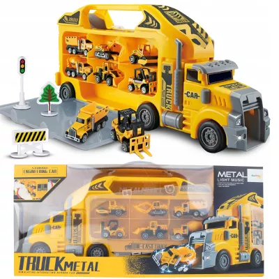 Ciężarówka Walizka z 6 Autkami Budowlanymi – Metalowe Pojazdy, Efekty LED i Dźwięki | Zabawka Edukacyjna dla Dzieci 3+