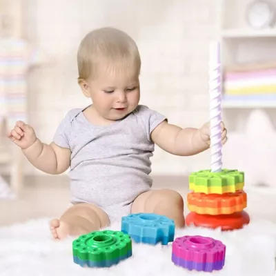 Zakręcona Piramidka Sensoryczna – Tęczowa Wieża 6 Krążków | Układanka Montessori 1+