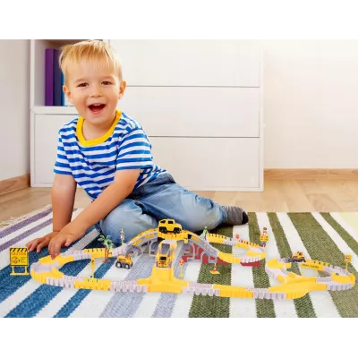 Duży Tor Samochodowy Budowlany 255 el. – Zestaw Konstrukcyjny z Autkami, Zwrotnicami i Mostami | Kreatywna Zabawa 3+