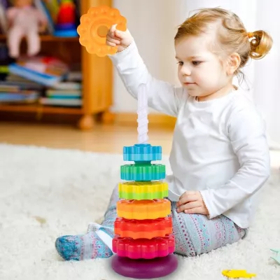 Zakręcona Piramidka Sensoryczna – Tęczowa Wieża 6 Krążków | Układanka Montessori 1+