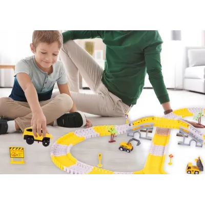 Duży Tor Samochodowy Budowlany 255 el. – Zestaw Konstrukcyjny z Autkami, Zwrotnicami i Mostami | Kreatywna Zabawa 3+