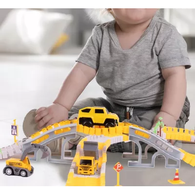 Duży Tor Samochodowy Budowlany 255 el. – Zestaw Konstrukcyjny z Autkami, Zwrotnicami i Mostami | Kreatywna Zabawa 3+