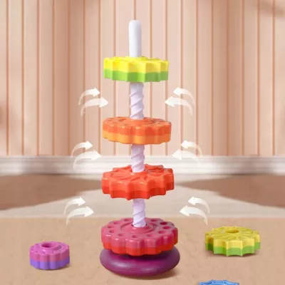 Zakręcona Piramidka Sensoryczna – Tęczowa Wieża 6 Krążków | Układanka Montessori 1+
