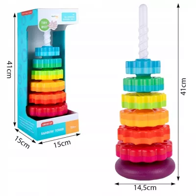 Zakręcona Piramidka Sensoryczna – Tęczowa Wieża 6 Krążków | Układanka Montessori 1+