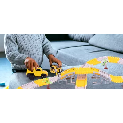 Duży Tor Samochodowy Budowlany 255 el. – Zestaw Konstrukcyjny z Autkami, Zwrotnicami i Mostami | Kreatywna Zabawa 3+