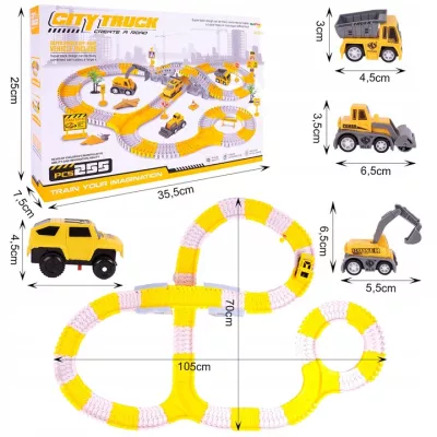 Duży Tor Samochodowy Budowlany 255 el. – Zestaw Konstrukcyjny z Autkami, Zwrotnicami i Mostami | Kreatywna Zabawa 3+