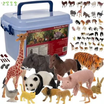 Zestaw 48 Figurek Zwierząt w Kuferku – Edukacyjne Figurki Safari, Leśne, Farma | Zabawa i Nauka