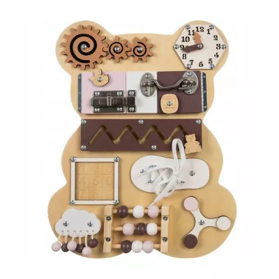 Tablica Manipulacyjna Miś – edukacyjna tablica sensoryczna Montessori dla dzieci | Rozwój motoryki zmysłów