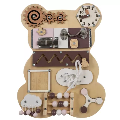 Tablica Manipulacyjna Miś – edukacyjna tablica sensoryczna Montessori dla dzieci | Rozwój motoryki zmysłów