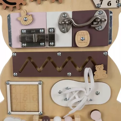 Tablica Manipulacyjna Miś – edukacyjna tablica sensoryczna Montessori dla dzieci | Rozwój motoryki zmysłów