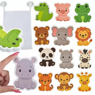 Piankowe zwierzątka do wanny – 12 kolorowych zwierzątek z organizerem | Zabawa edukacyjna, sensoryczna i higieniczna dla dzieci