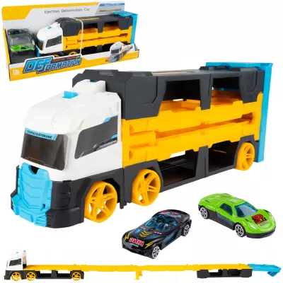Laweta TIR 2w1 z Wyrzutnią Aut i Torem 125 cm – Transporter + Tor Wyścigowy | Zestaw z 2 Autkami dla Dzieci 3+