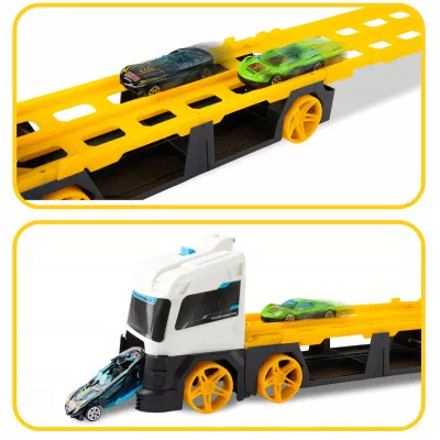 Laweta TIR 2w1 z Wyrzutnią Aut i Torem 125 cm – Transporter + Tor Wyścigowy | Zestaw z 2 Autkami dla Dzieci 3+