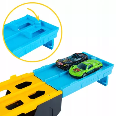 Laweta TIR 2w1 z Wyrzutnią Aut i Torem 125 cm – Transporter + Tor Wyścigowy | Zestaw z 2 Autkami dla Dzieci 3+
