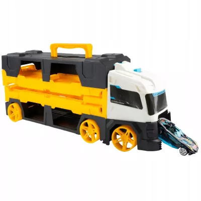 Laweta TIR 2w1 z Wyrzutnią Aut i Torem 125 cm – Transporter + Tor Wyścigowy | Zestaw z 2 Autkami dla Dzieci 3+