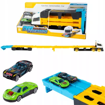 Laweta TIR 2w1 z Wyrzutnią Aut i Torem 125 cm – Transporter + Tor Wyścigowy | Zestaw z 2 Autkami dla Dzieci 3+