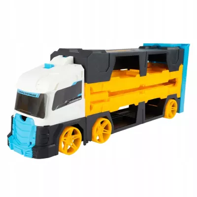 Laweta TIR 2w1 z Wyrzutnią Aut i Torem 125 cm – Transporter + Tor Wyścigowy | Zestaw z 2 Autkami dla Dzieci 3+