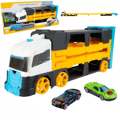 Laweta TIR 2w1 z Wyrzutnią Aut i Torem 125 cm – Transporter + Tor Wyścigowy | Zestaw z 2 Autkami dla Dzieci 3+
