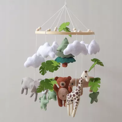 Karuzelka do Łóżeczka Dziecięcego Boho Naturalne Drewno z pałąkiem Safari