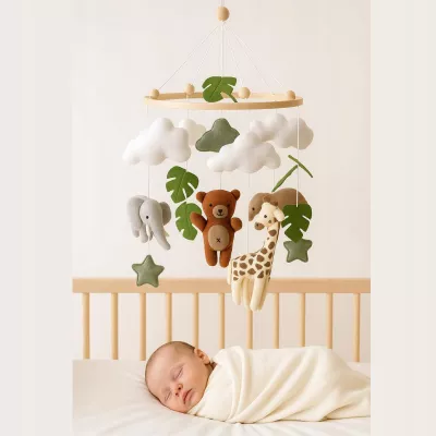 Karuzelka do Łóżeczka Dziecięcego Boho Naturalne Drewno z pałąkiem Safari