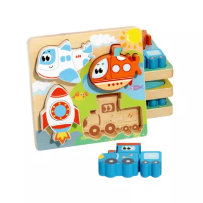 Drewniana układanka puzzle pojazdy dla dzieci 18m+ samolot rakieta pociąg