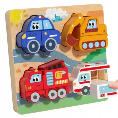 Drewniana układanka puzzle pojazdy dla dzieci 18m+ policja straż karetka