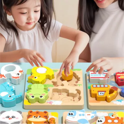 Drewniana układanka puzzle pojazdy dla dzieci 18m+ policja straż karetka