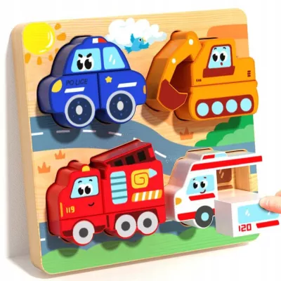 Drewniana układanka puzzle pojazdy dla dzieci 18m+ policja straż karetka