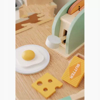 Drewniany toster dla dzieci z akcesoriami tosty zestaw śniadaniowy