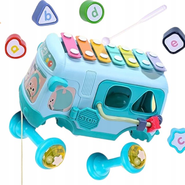 Interaktywny autobusik edukacyjny 5w1 dla dzieci – sorter, cymbałki, grzechotki