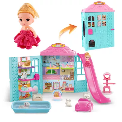 Rozkładany domek dla lalek z zjeżdżalnią 6 figurek zwierząt lalka dzwonek