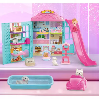 Rozkładany domek dla lalek z zjeżdżalnią 6 figurek zwierząt lalka dzwonek