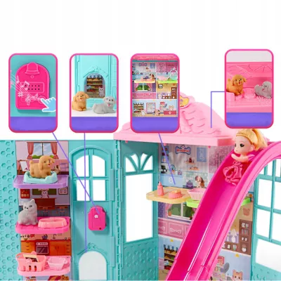 Rozkładany domek dla lalek z zjeżdżalnią 6 figurek zwierząt lalka dzwonek