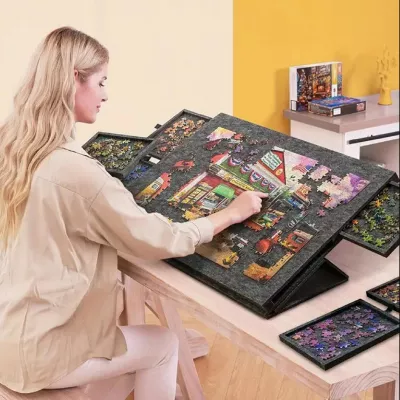 Ogromna mata filcowa do puzzli Stolik zamykany 6 szuflad organizer 77x54 cm