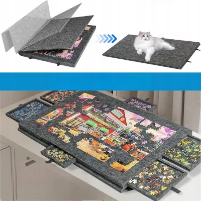 Ogromna mata filcowa do puzzli Stolik zamykany 6 szuflad organizer 77x54 cm