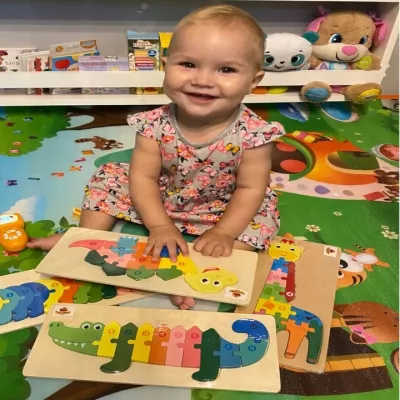 Drewniane puzzle dinozaur – nauka liczenia i kolorów | Układanka edukacyjna