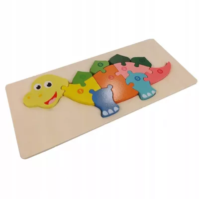 Drewniane puzzle dinozaur – nauka liczenia i kolorów | Układanka edukacyjna