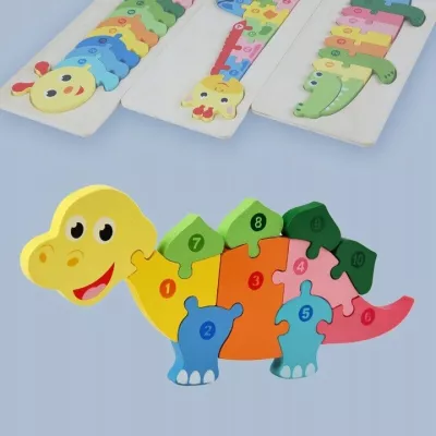 Drewniane puzzle dinozaur – nauka liczenia i kolorów | Układanka edukacyjna
