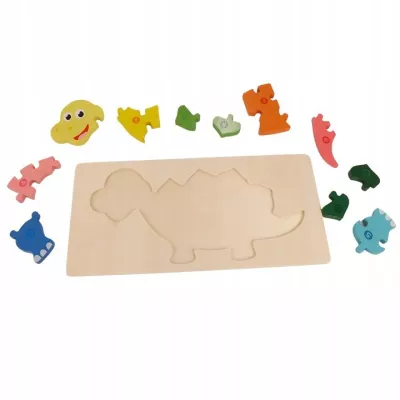 Drewniane puzzle dinozaur – nauka liczenia i kolorów | Układanka edukacyjna