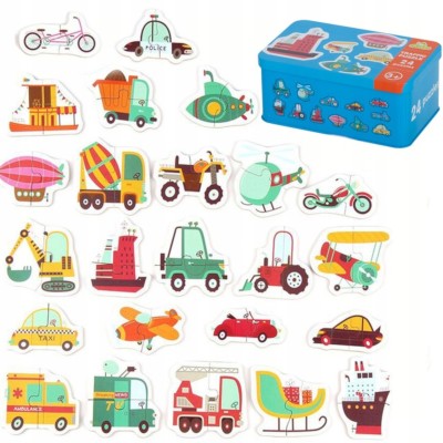 Puzzle pojazdy w puszce dla dzieci – 24 układanki, 48 elementów | Edukacyjna zabawa
