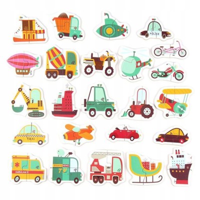 Puzzle pojazdy w puszce dla dzieci – 24 układanki, 48 elementów | Edukacyjna zabawa