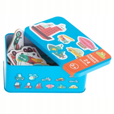 Puzzle pojazdy w puszce dla dzieci – 24 układanki, 48 elementów | Edukacyjna zabawa