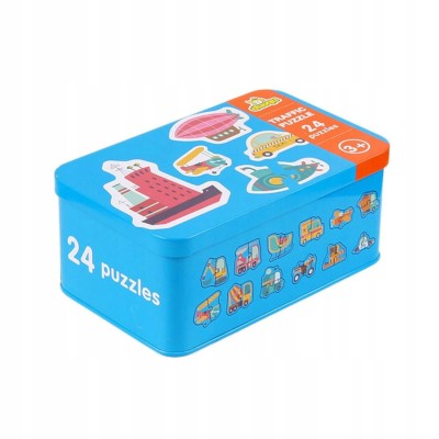 Puzzle pojazdy w puszce dla dzieci – 24 układanki, 48 elementów | Edukacyjna zabawa