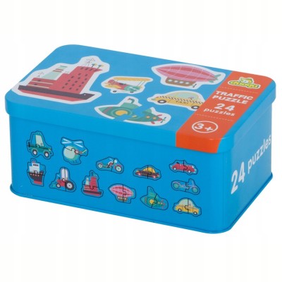 Puzzle pojazdy w puszce dla dzieci – 24 układanki, 48 elementów | Edukacyjna zabawa