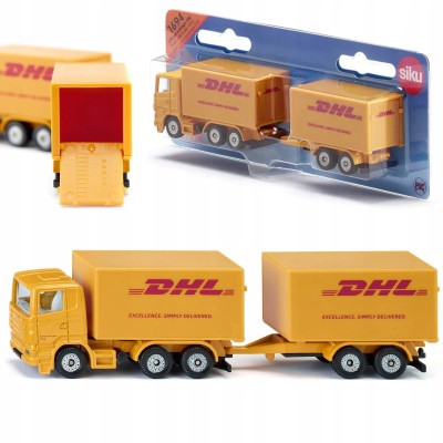 Ciężarówka DHL z przyczepą – metalowy model kurierski Siku S1694 Ciężarówka DHL z przyczepą – metalowy model kurierski Siku S1694