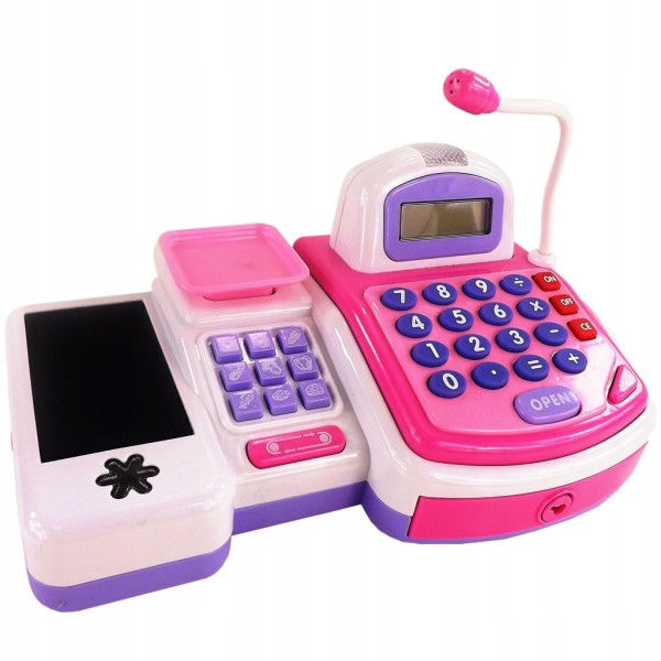 Duży zestaw edukacyjna kasa fiskalna dla dzieci – sensoryczny czytnik, waga, koszyk, kalkulator LCD 43 el.