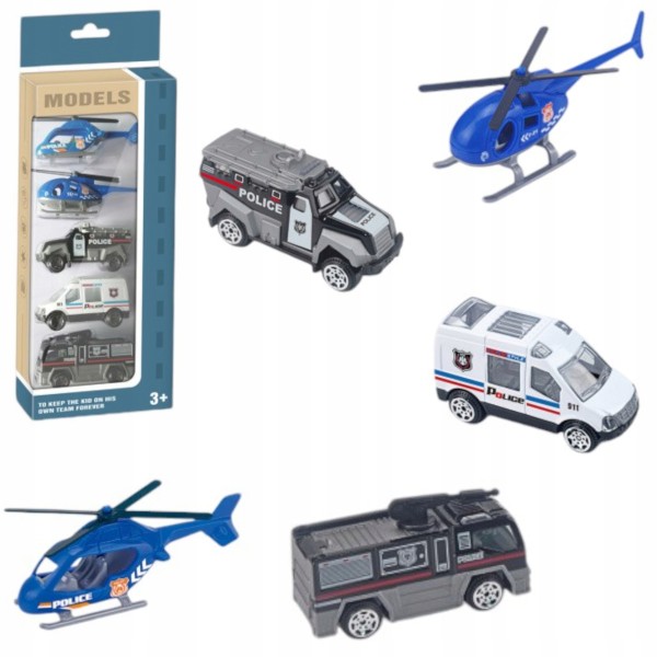 Zestaw 5 pojazdów policyjnych z helikopterami dla dzieci 3+ – realistyczna zabawa