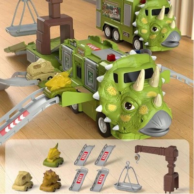 Ciężarówka Dinozaur Triceratops z otwieraną naczepą, dźwigiem, 3 autkami dinozaurów – edukacyjna zabawka dla dzieci